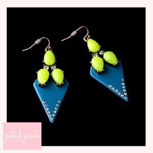High End Resin & Crystal Geometric Drop Earrings GreenBlue Abstract Artsy Retro